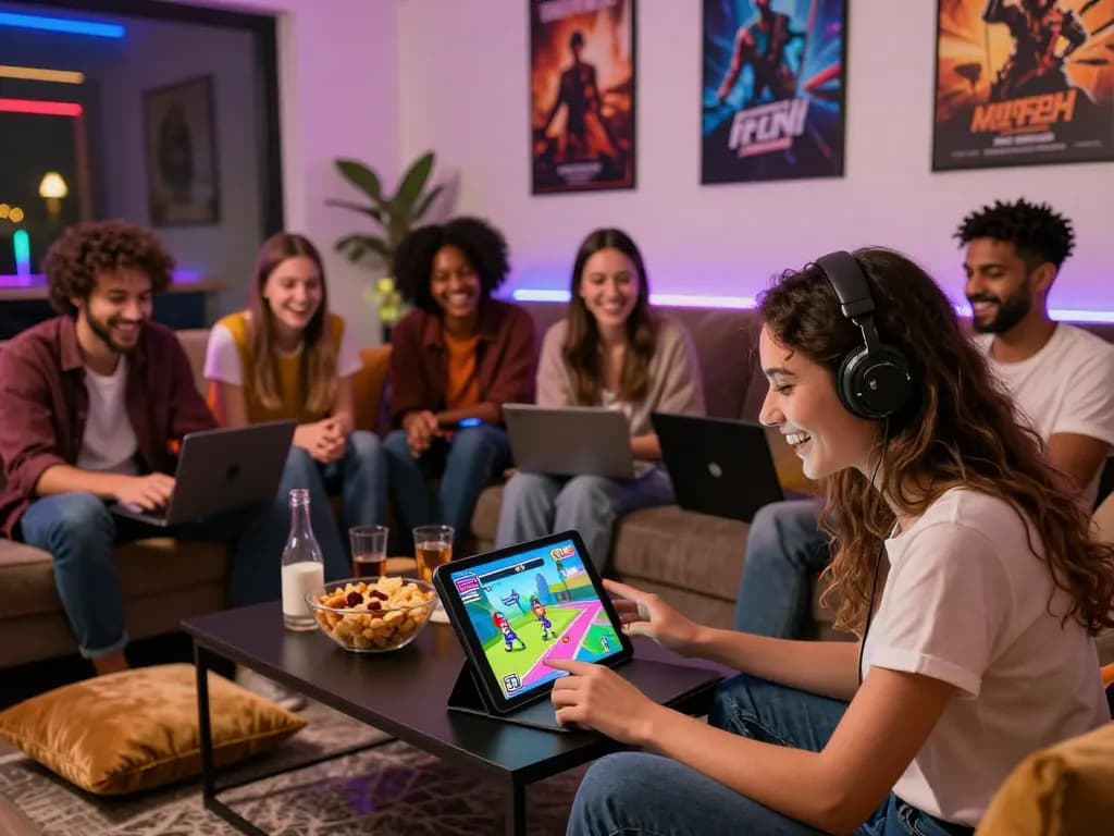 Engaging scene of diverse adults playing free porn games on tablets and laptops in a cozy gaming lounge.