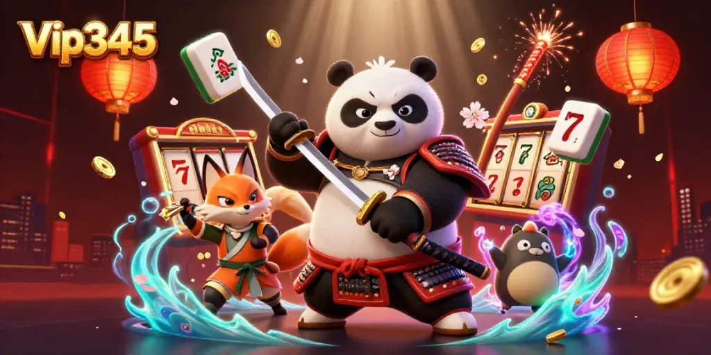 Engage with dynamic slot reels and gaming elements in a powerful Vip345 casino illustration featuring animated characters.