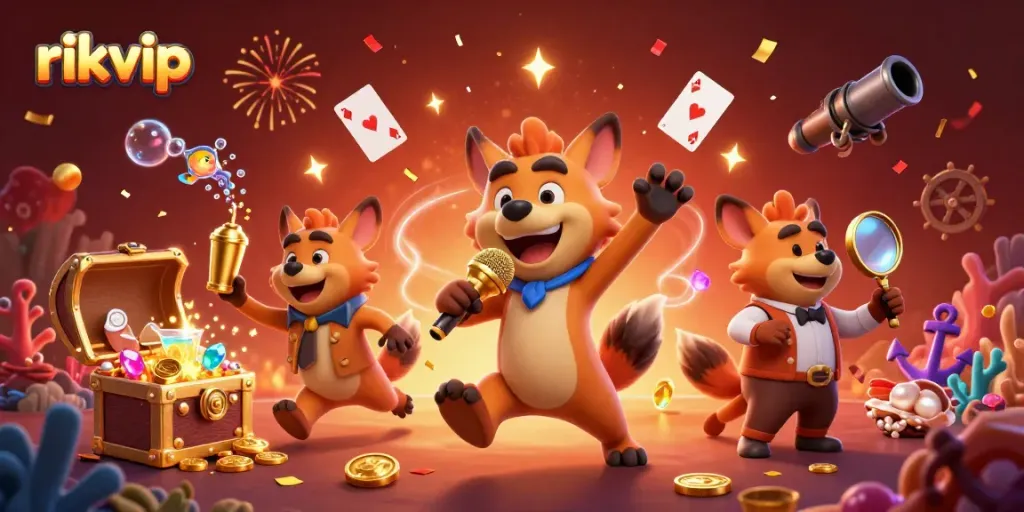 Experience the thrilling atmosphere of rikvip casino with animated hyenas enjoying live comedy and gaming.