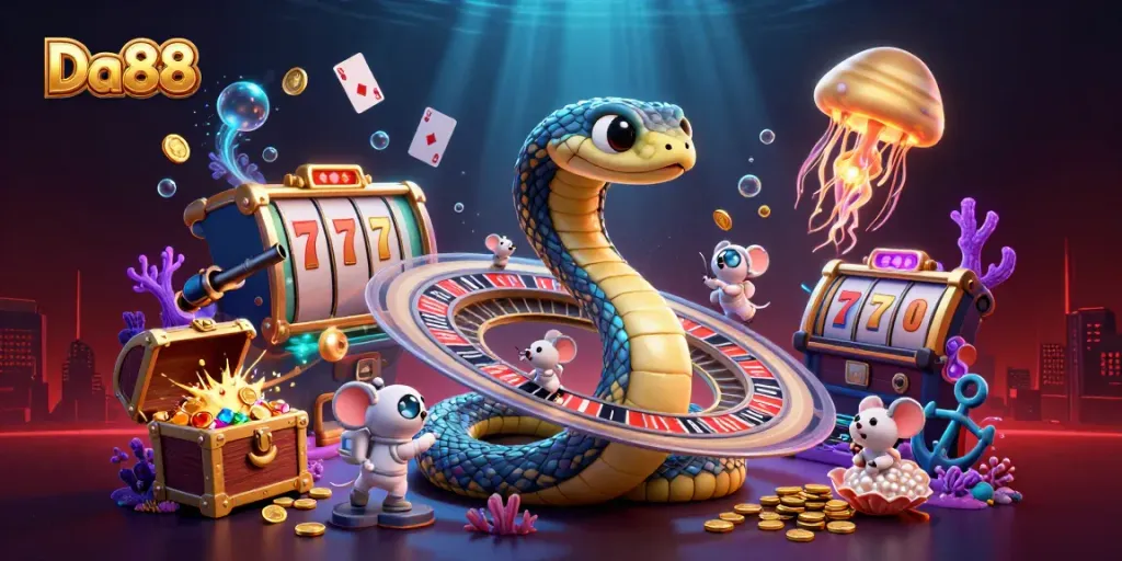 Experience the thrill of Da88 with a vibrant cosmic casino scene, featuring roulette elements and jackpot excitement.