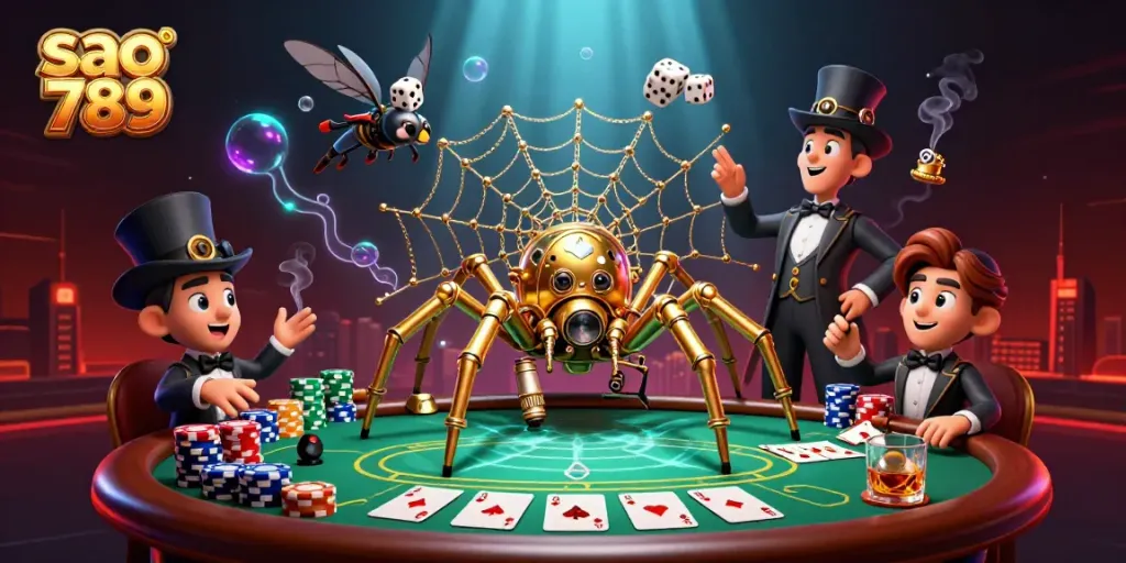 Sao 789 captivates players with a vibrant steampunk casino illustration featuring a golden spider, poker elements, and dynamic details.