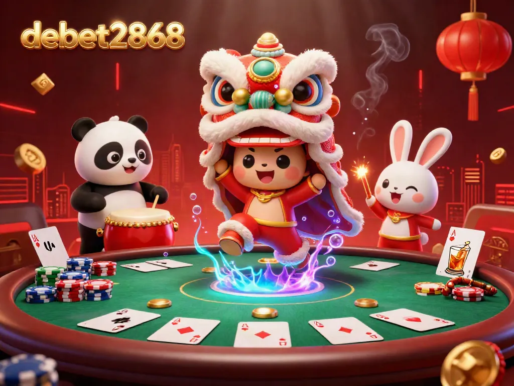 Engage in thrilling poker action with debet2868's colorful 3D illustration showcasing a festive lion dance, poker chips, and community cards.