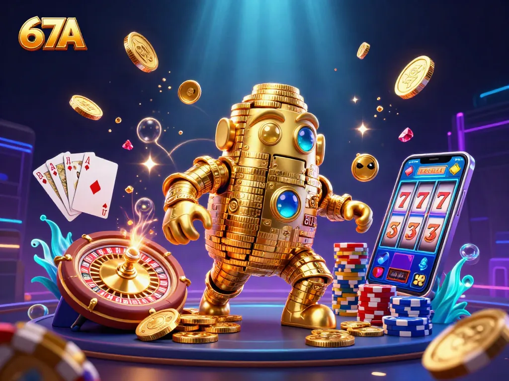 Spin the reels with 67A at the vibrant casino featuring a golden golem, coins, and roulette.