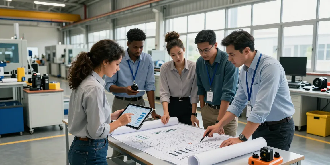 Equipe diversificada discutindo mão de obra terceirizada para indústria em ambiente moderno, com tablet e maquinário ao fundo.