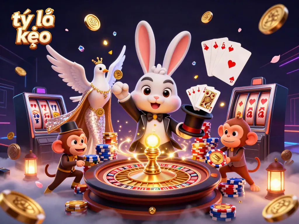 Engage with tỷ lệ kèo as a magical rabbit pulls golden coins, surrounded by dynamic casino action.