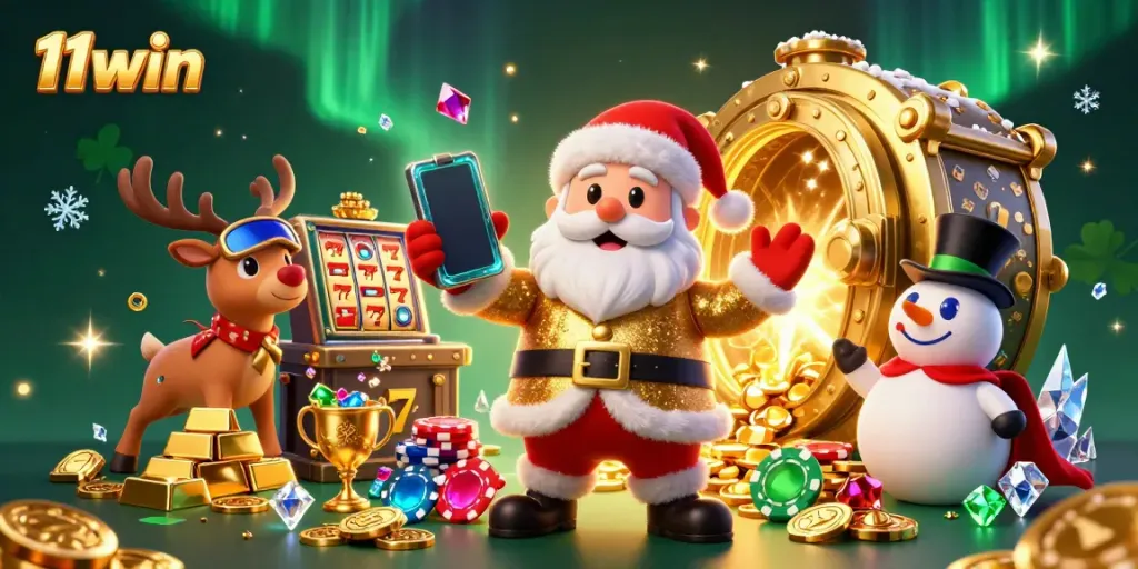 Spin to win on 11win with Santa and friends in a vibrant casino scene.