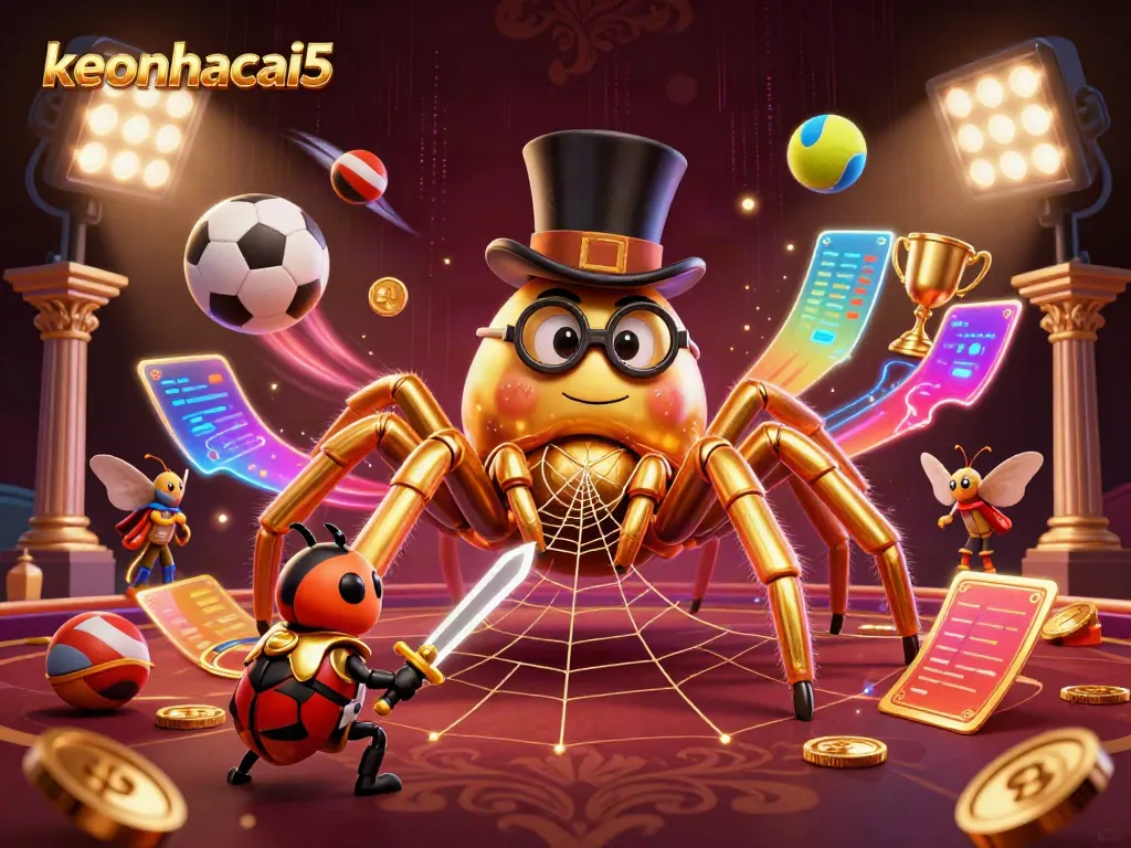 Experience the thrill of keonhacai5 with a dynamic scene of sports and gambling elements, featuring a golden tarantula and a brave beetle knight.