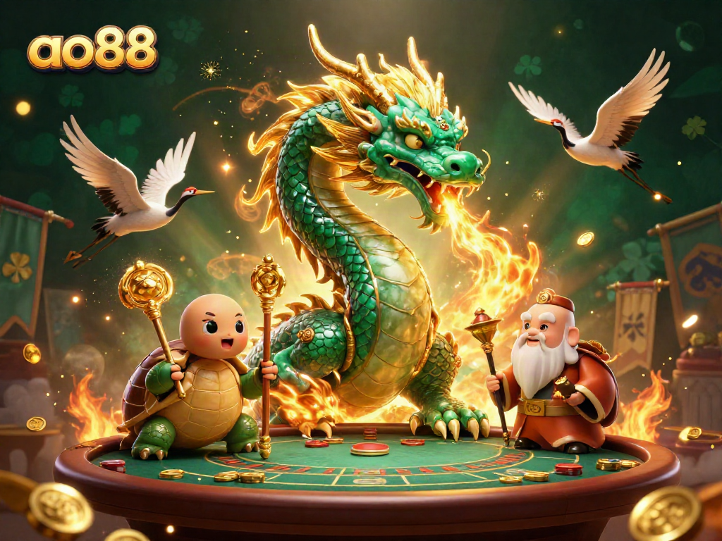 Experience thrilling adventures at ao88 with a majestic dragon amidst a vibrant casino scene.