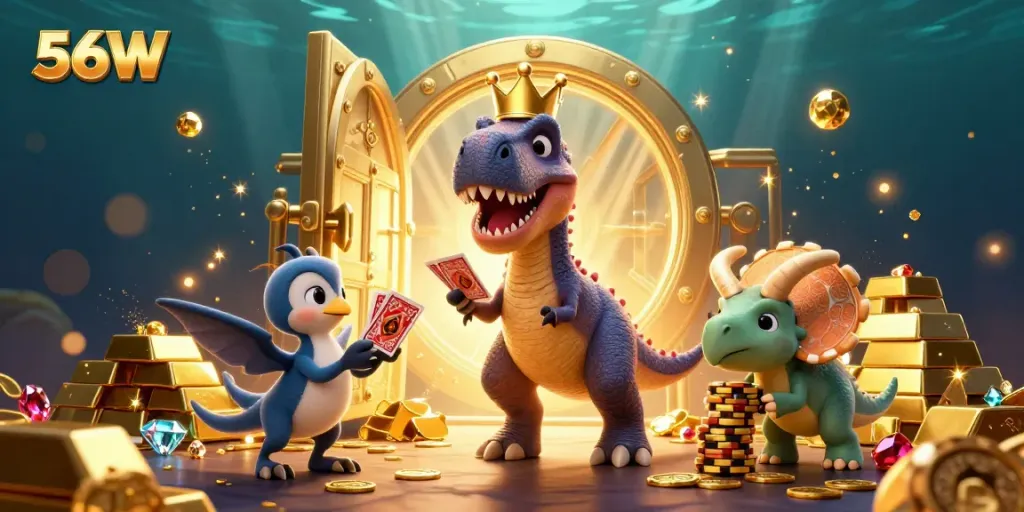 Experience the fun of gambling at 56W with a cartoon T-Rex, pterodactyl, and triceratops in a colorful casino scene.