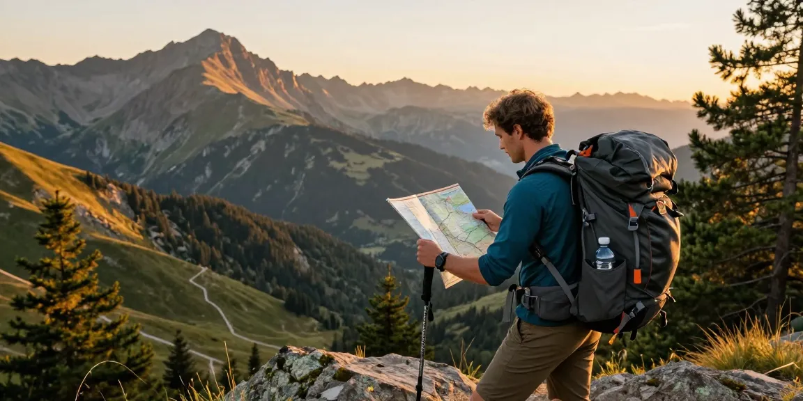 The adventurous hiker observes a trail map at sunset, showcasing outdoor gear relevant for the rokok88 login community.