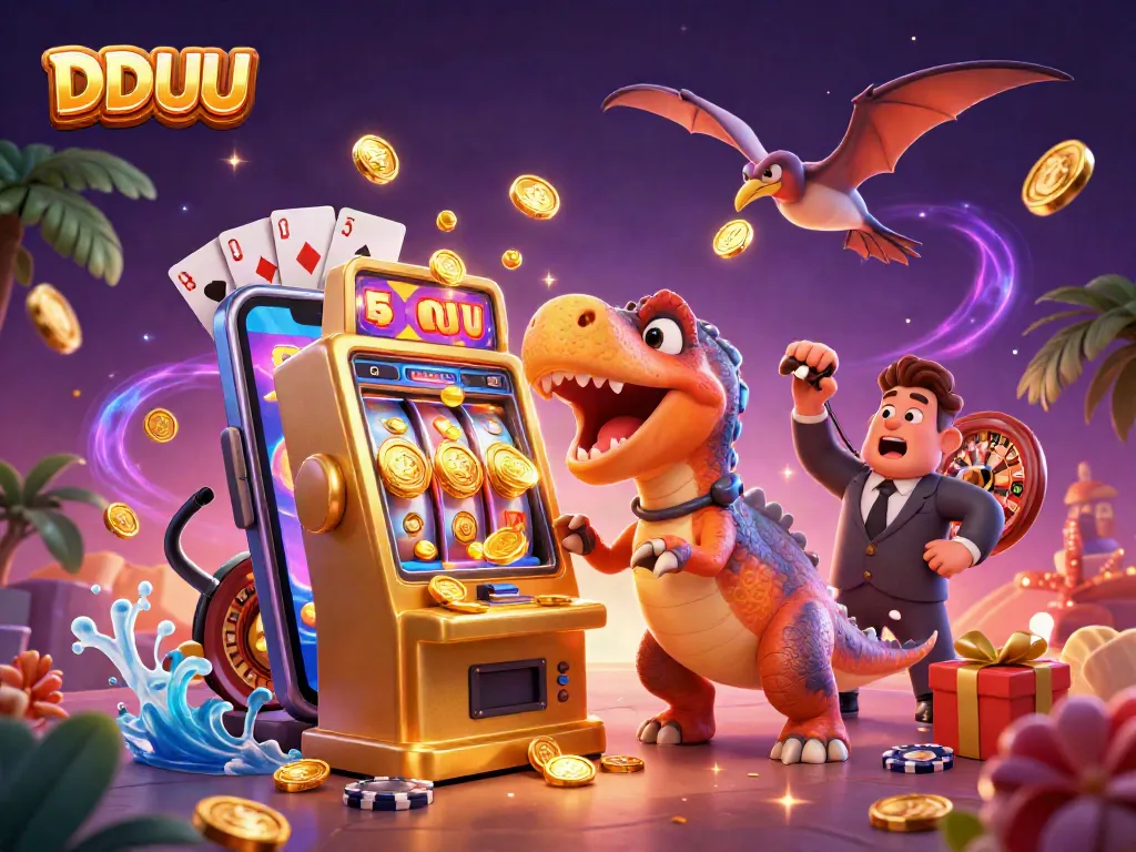 DDUU players winning jackpots with animated characters in a lively casino setting.