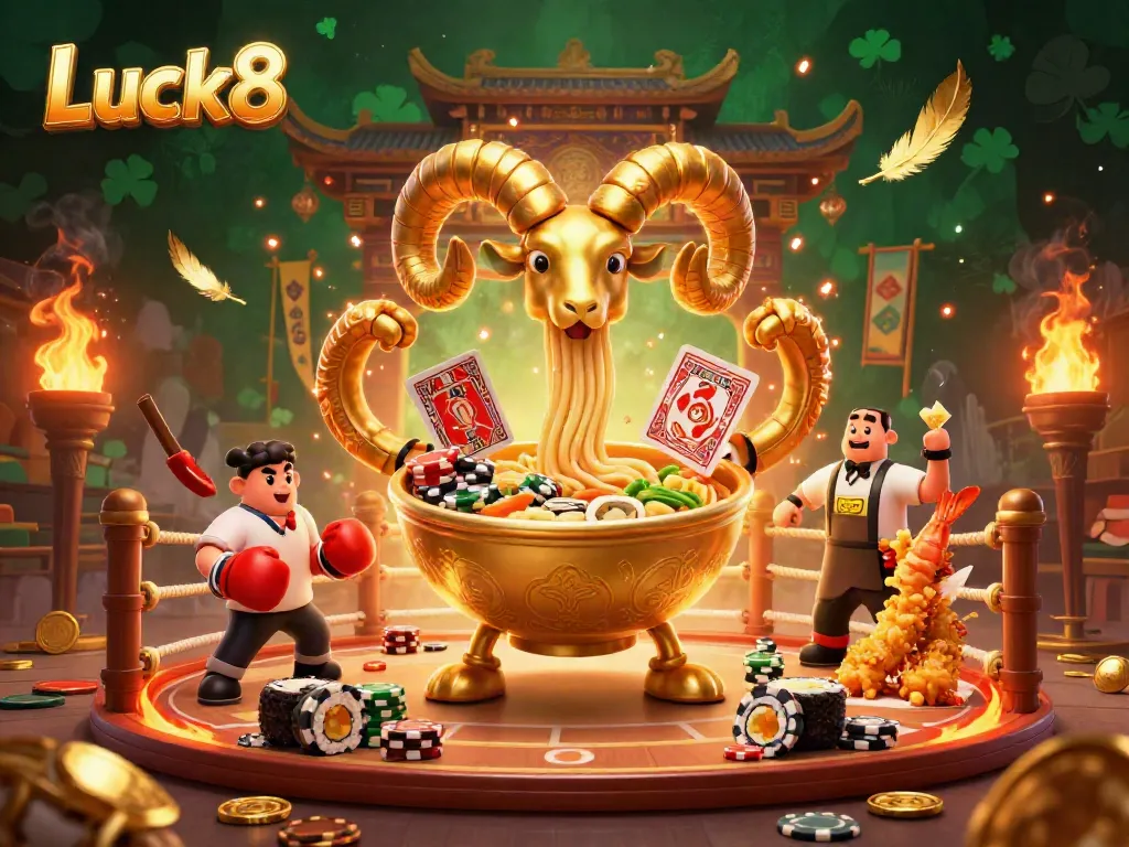 Engage with Luck8's vibrant casino scene featuring a golden ramen bowl dealer, playful sushi and gyoza characters amidst dynamic game elements.