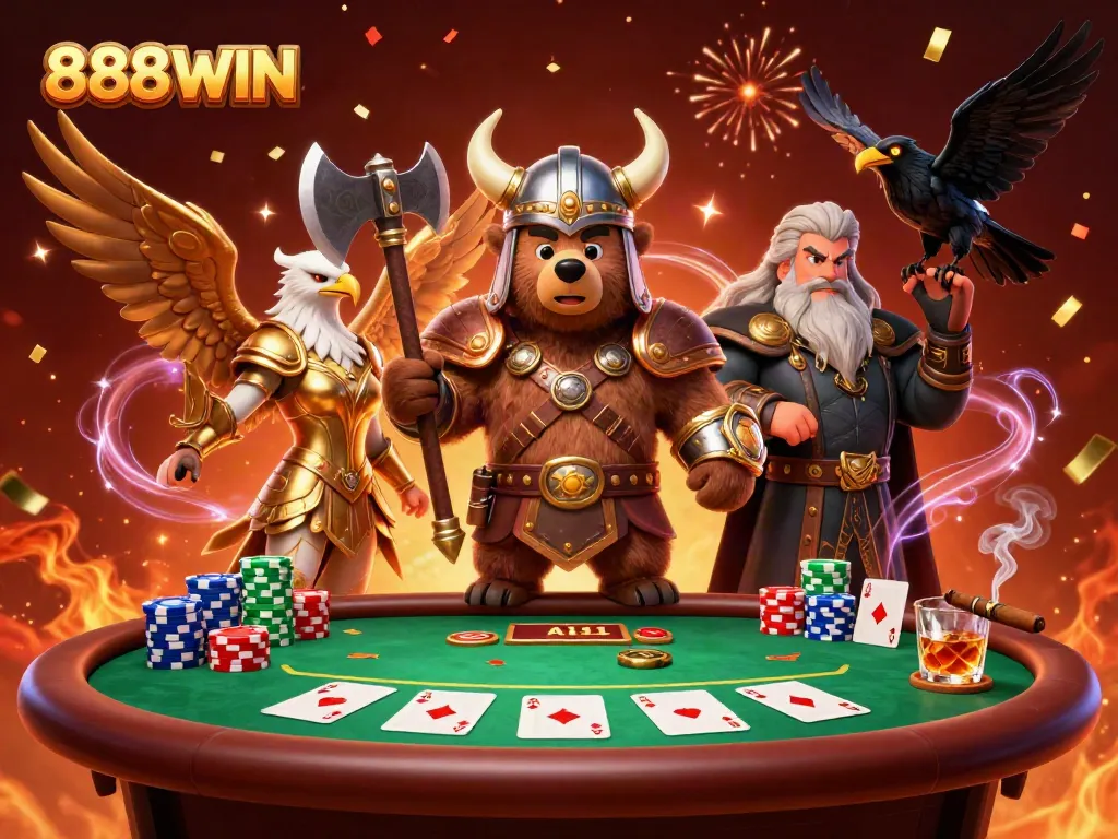 Engage with thrilling games at 888WIN featuring a Viking bear and Valkyrie eagle amid poker action.