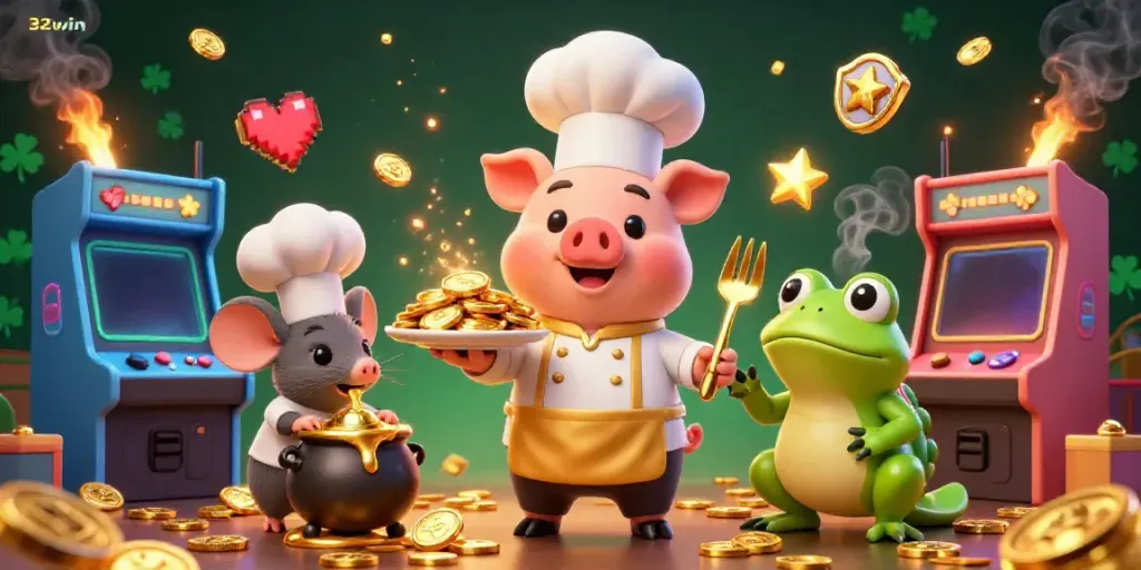 Engage with the vibrant scene of 32win featuring a pig chef and critters among casino gold and arcade elements.