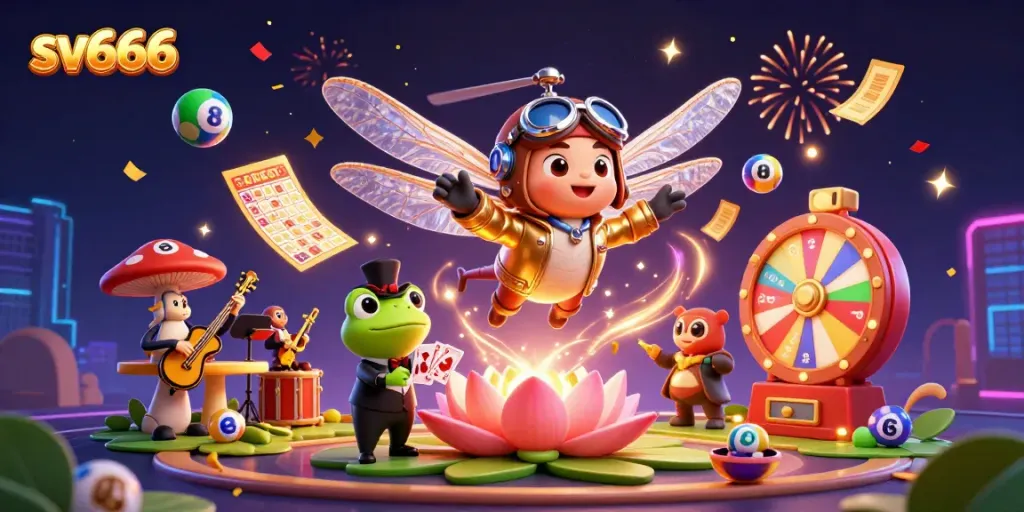 Engage in thrilling casino action with sv666 featuring colorful lottery balls, a dragonfly pilot, and a frog croupier.