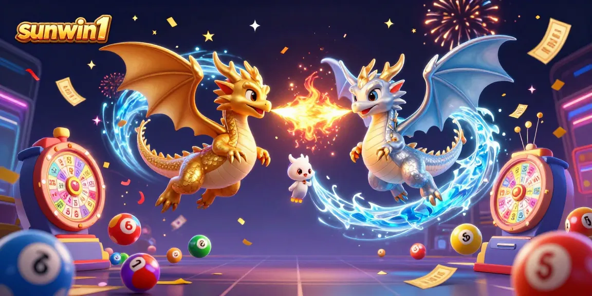 Experience excitement with sunwin1 as dragons battle in a colorful lottery-themed casino illustration.