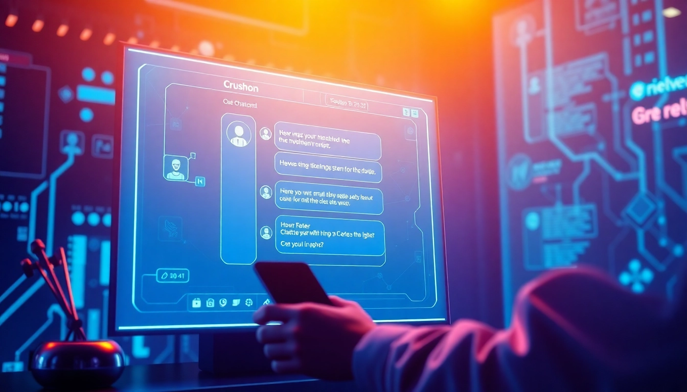 Interactive Crushon AI chatbot interface with vibrant colors and modern technology elements.