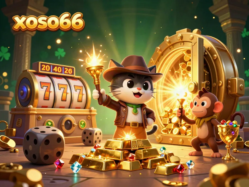 xoso66 celebrates luck with a vibrant 3D scene of an archaeologist cat and monkey finding riches.