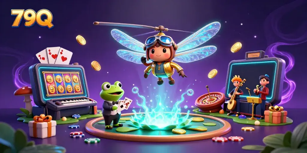 79Q casino scene featuring a dragonfly pilot, frog croupier, and jazz musicians amidst gaming elements.
