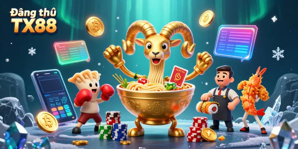 Engage with Đăng ký TX88's dynamic gaming scene featuring charming characters and neon crypto elements.
