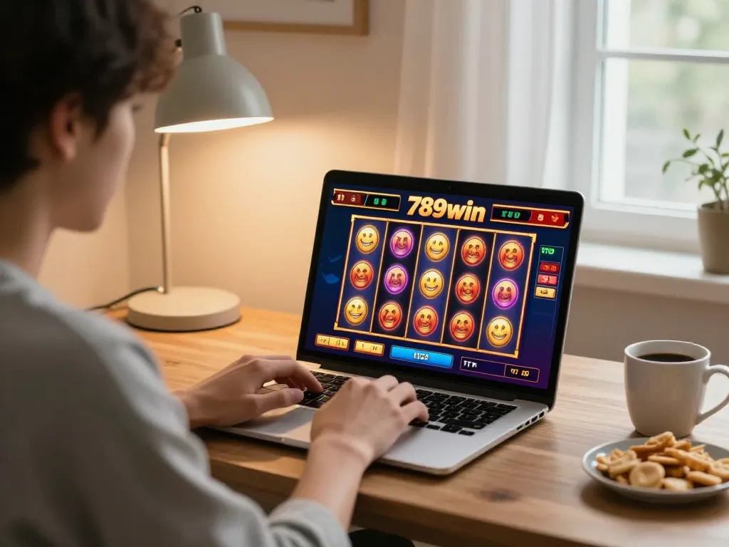 Engaged player spinning slots on 789win in a cozy home setting, emphasizing comfortable online gambling.