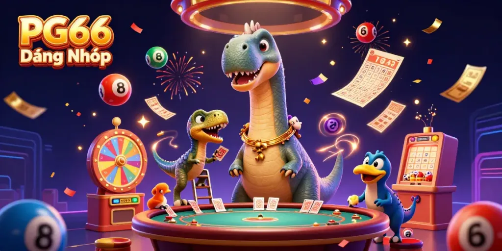 Play exciting games in PG66 Đăng Nhập with a vibrant casino scene featuring a towering brontosaurus and colorful lottery elements.