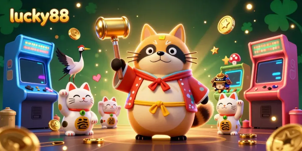 Experience lucky88 with a cheerful tanuki and colorful fortune cats in a vibrant casino scene.