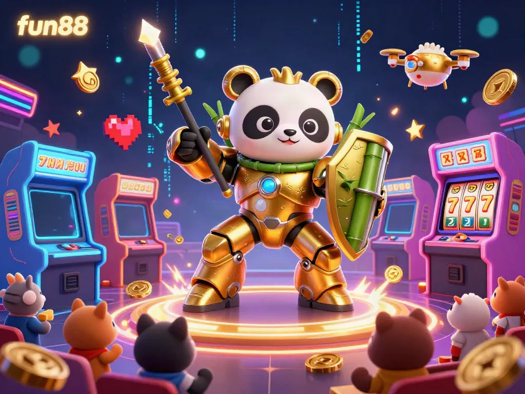 Play fun88 casino games with a mech-suit panda in a vibrant arcade setting filled with jackpots.