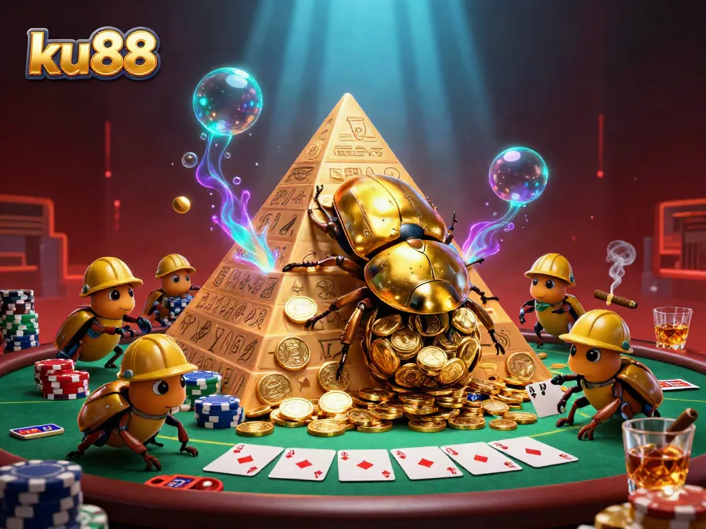 Experience the excitement of ku88 with massive golden beetles rolling coins in a vibrant casino setting.