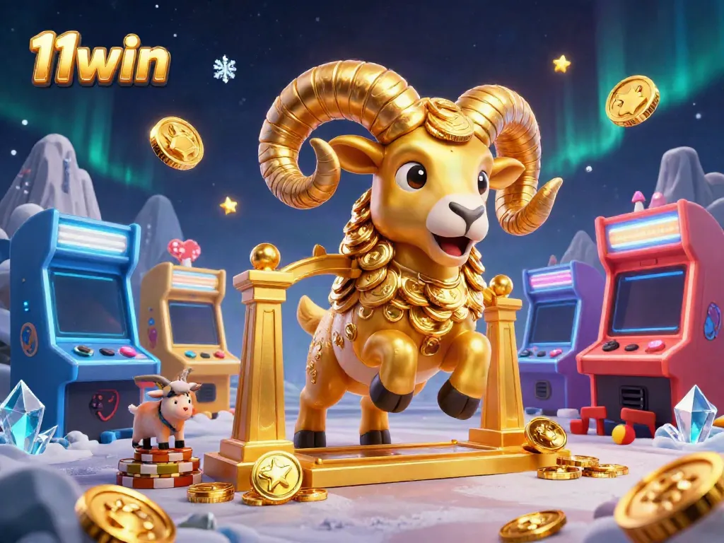 11win's vibrant casino scene showcasing dynamic game elements and a charging ram amidst sparkling visuals.
