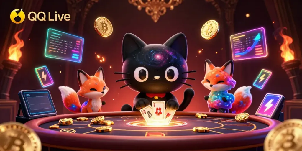 Engage in exhilarating QQ Live gaming with a cosmic black hole cat amidst vibrant casino elements.