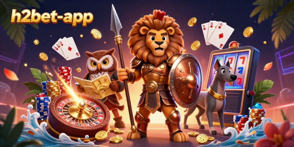 Spin the roulette and win with h2bet-app, featuring dynamic gaming elements and vibrant characters.