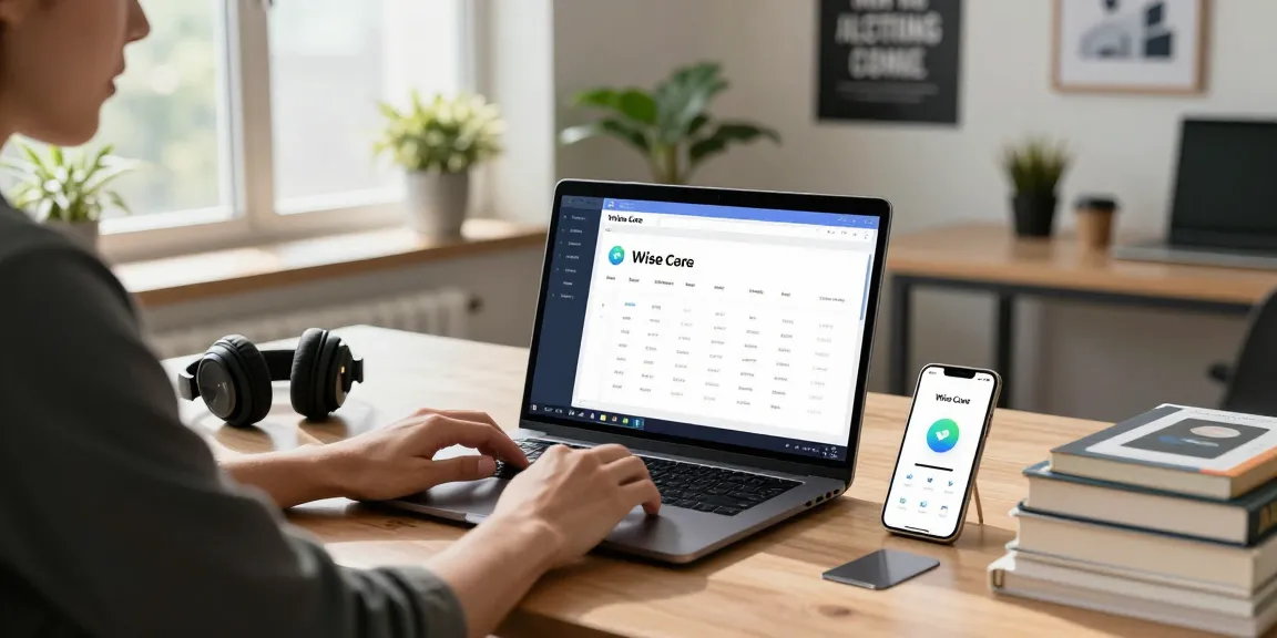 Wise Care optimization software open on a laptop at a modern workspace, featuring rokok88 link alternatif and system health metrics.