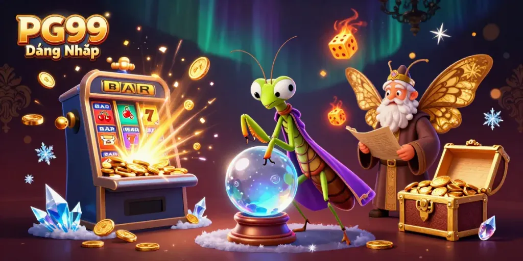Experience PG99 Đăng Nhập with a lively scene featuring a whimsical fortune teller and enchanting casino elements.