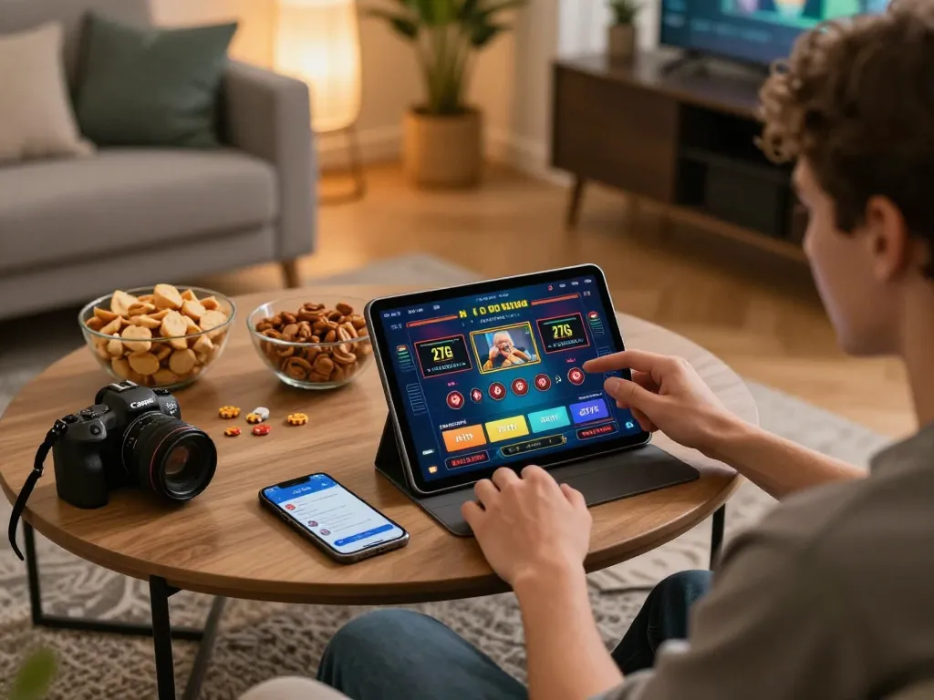 Enjoying 27G live dealer games on a tablet in a cozy home setting, highlighting an engaging and strategic online gaming experience.