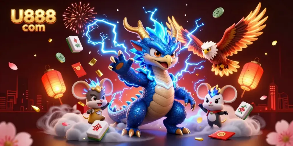 Experience thrilling action at U888 com with vibrant 3D characters and casino elements.