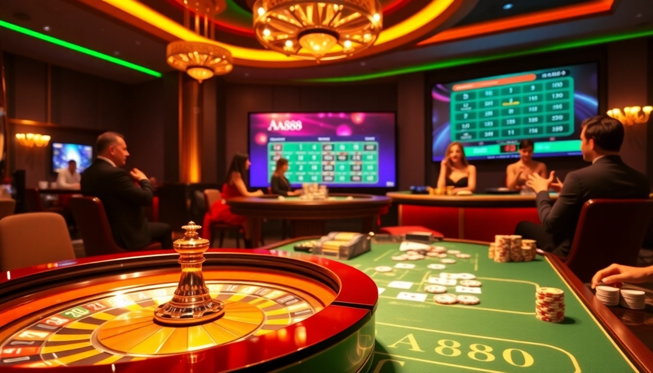 Jogadores desfrutando de uma experiência luxuosa de jogo no cassino AA888, com fichas de pôquer e roleta.
