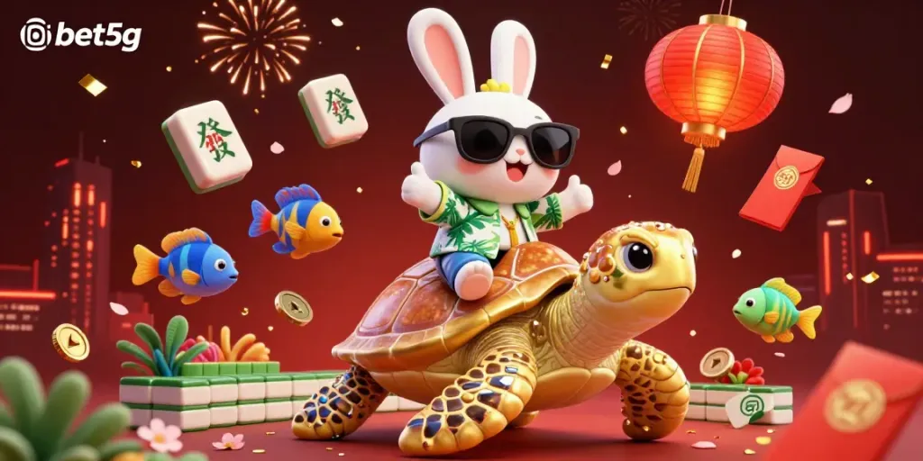 Experience the excitement of slots and jackpots with bet5g in a vibrant 3D casino scene featuring a lucky rabbit and golden sea turtle.