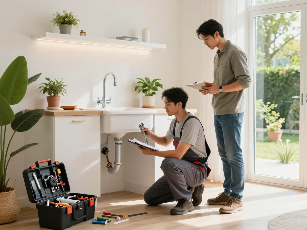 Professional plumber inspecting pipes during home renovation with homeowner, showcasing Encanador services in modern living room.