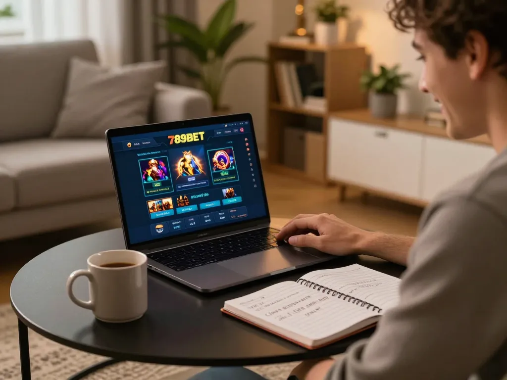 Engaged user exploring online betting on 789BET platform in a cozy home setting, showcasing strategic gameplay.