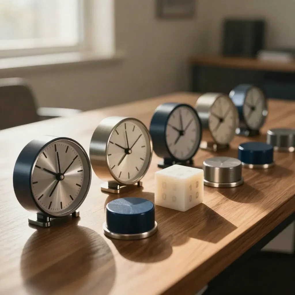 Relógios, pucks magnéticos e cubo de calendário em mesa de cadência, com luz suave.