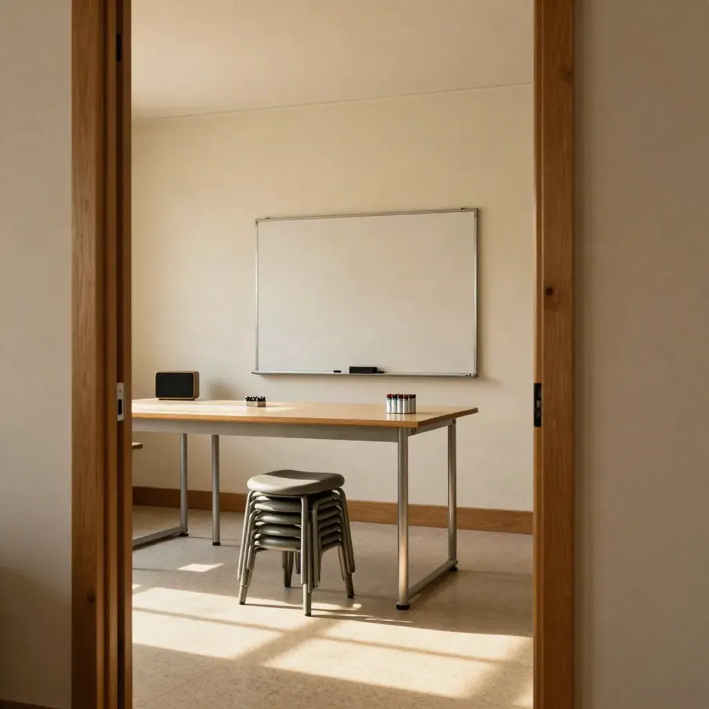 Sala de workshop vazia com banquetas, quadro portátil e acessórios prontos para a sessão.