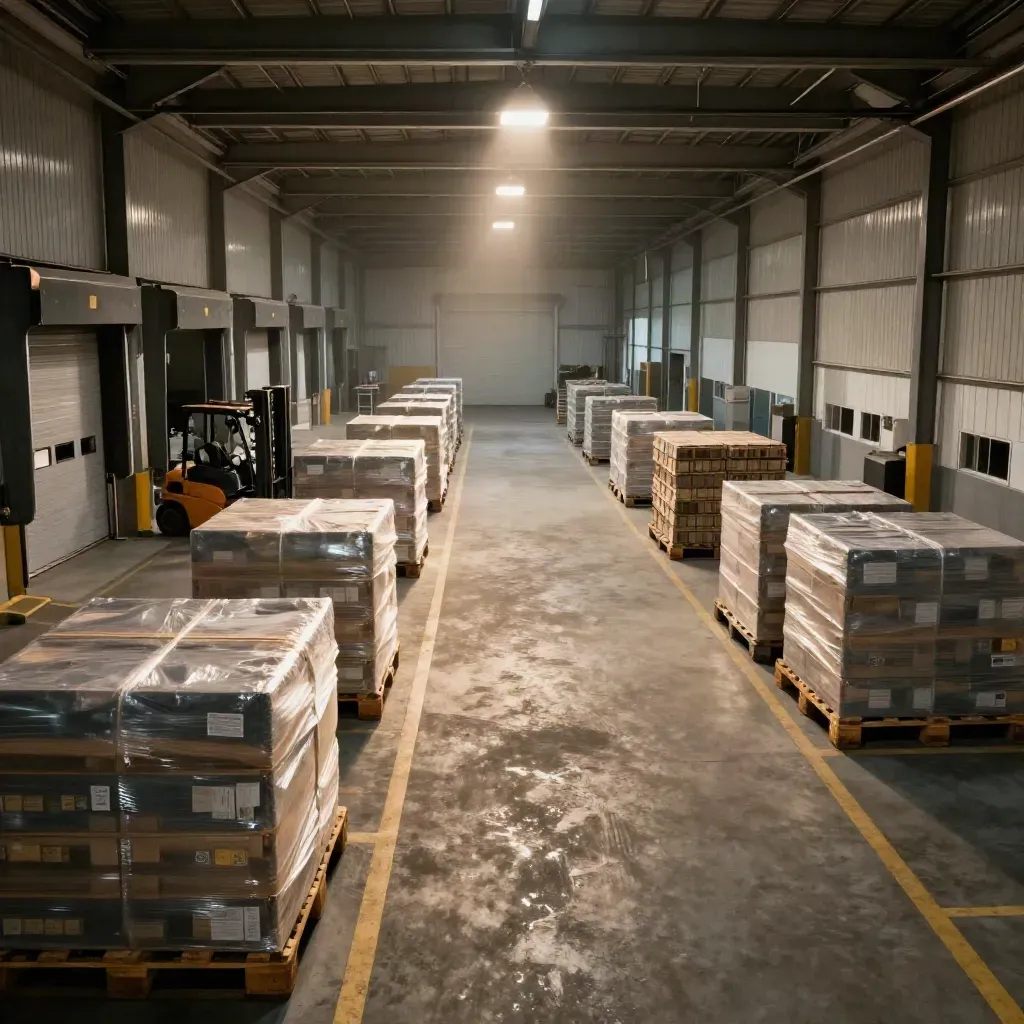 Doca industrial pequena com pallets organizados e corredores limpos sob luz dramática.
