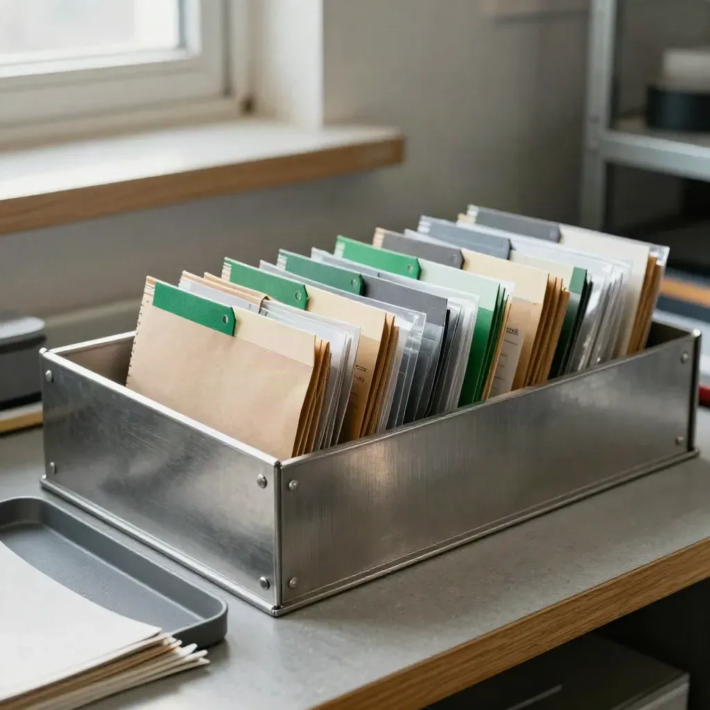 Pacotes de serviço organizados em prateleira de expedição, com tabs verdes e fundo industrial.