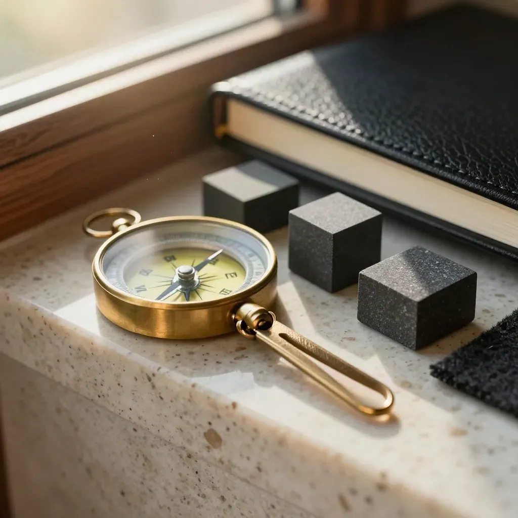 Kit de estratégia em macro sobre travertino, com bússola de latão e caderno preto fechado.