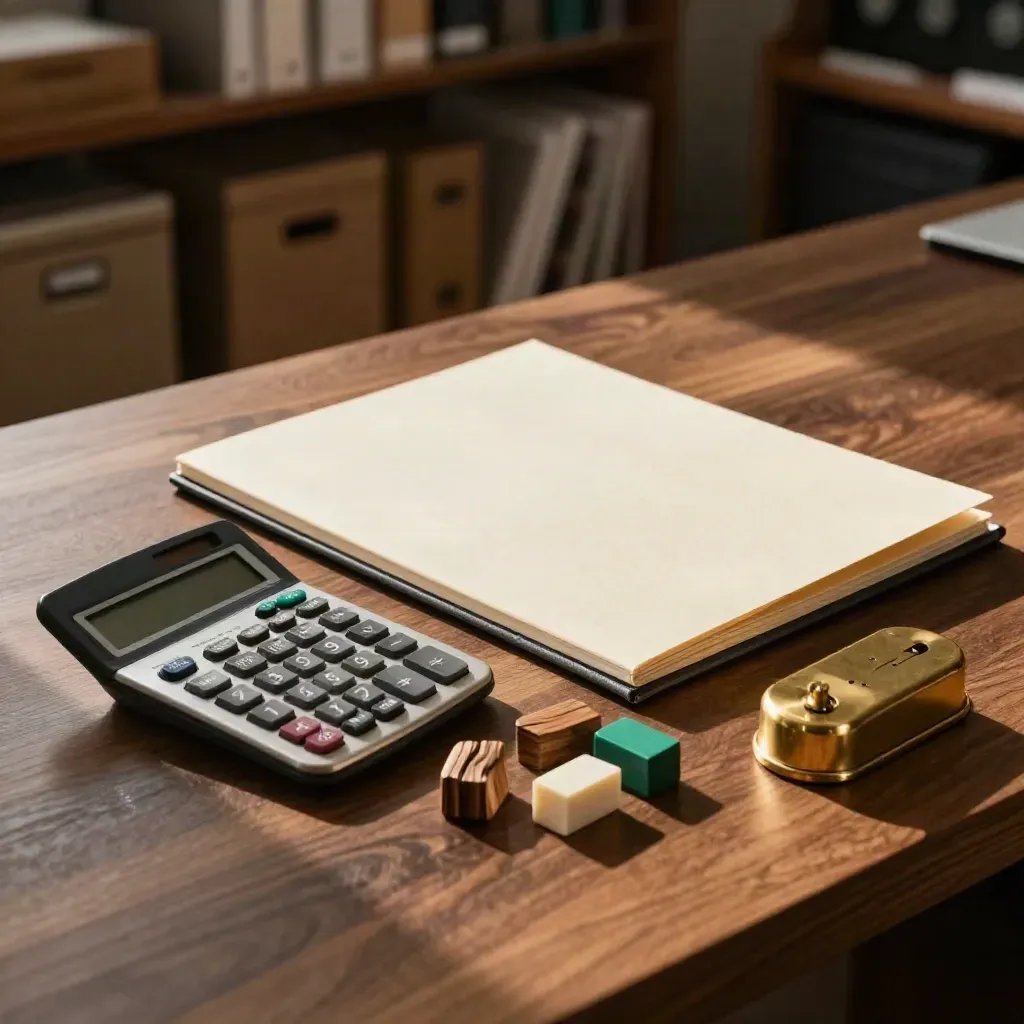 Kit comercial com calculadora, pasta de proposta, fichas de preço e contador de latão sobre madeira escura.