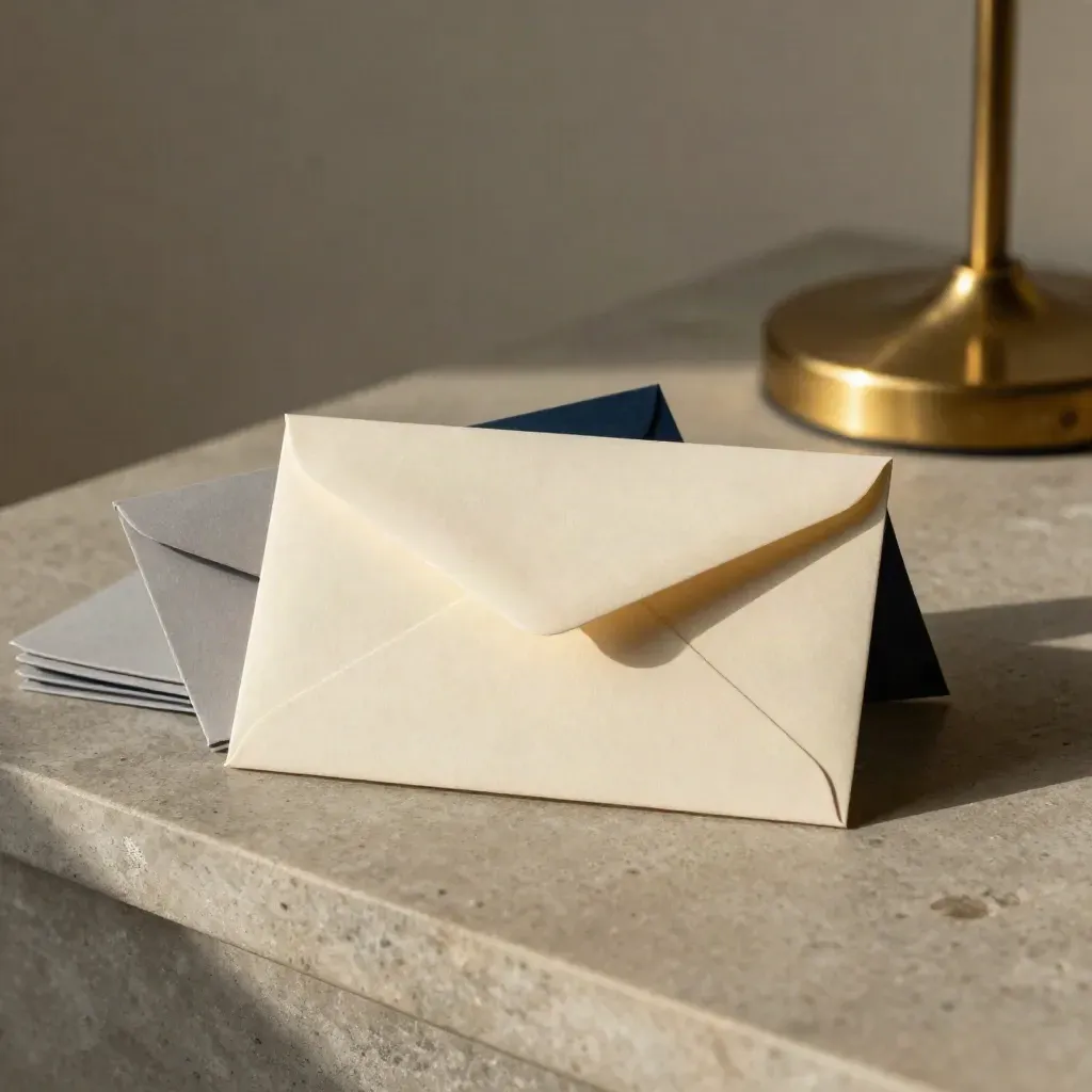 Envelope selado, cartões em branco e clipe de latão sobre pedra, com luz suave lateral.