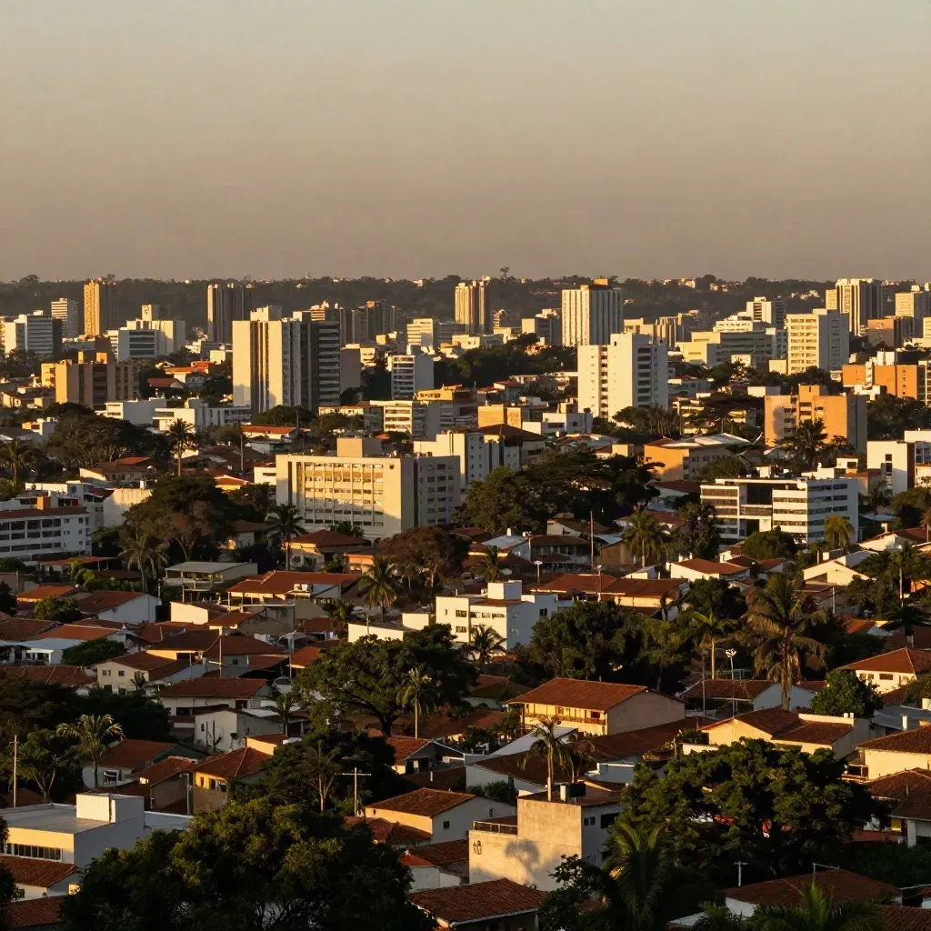 Vista aérea de Campinas e região ao pôr do sol, com prédios baixos, árvores e torres ao fundo.