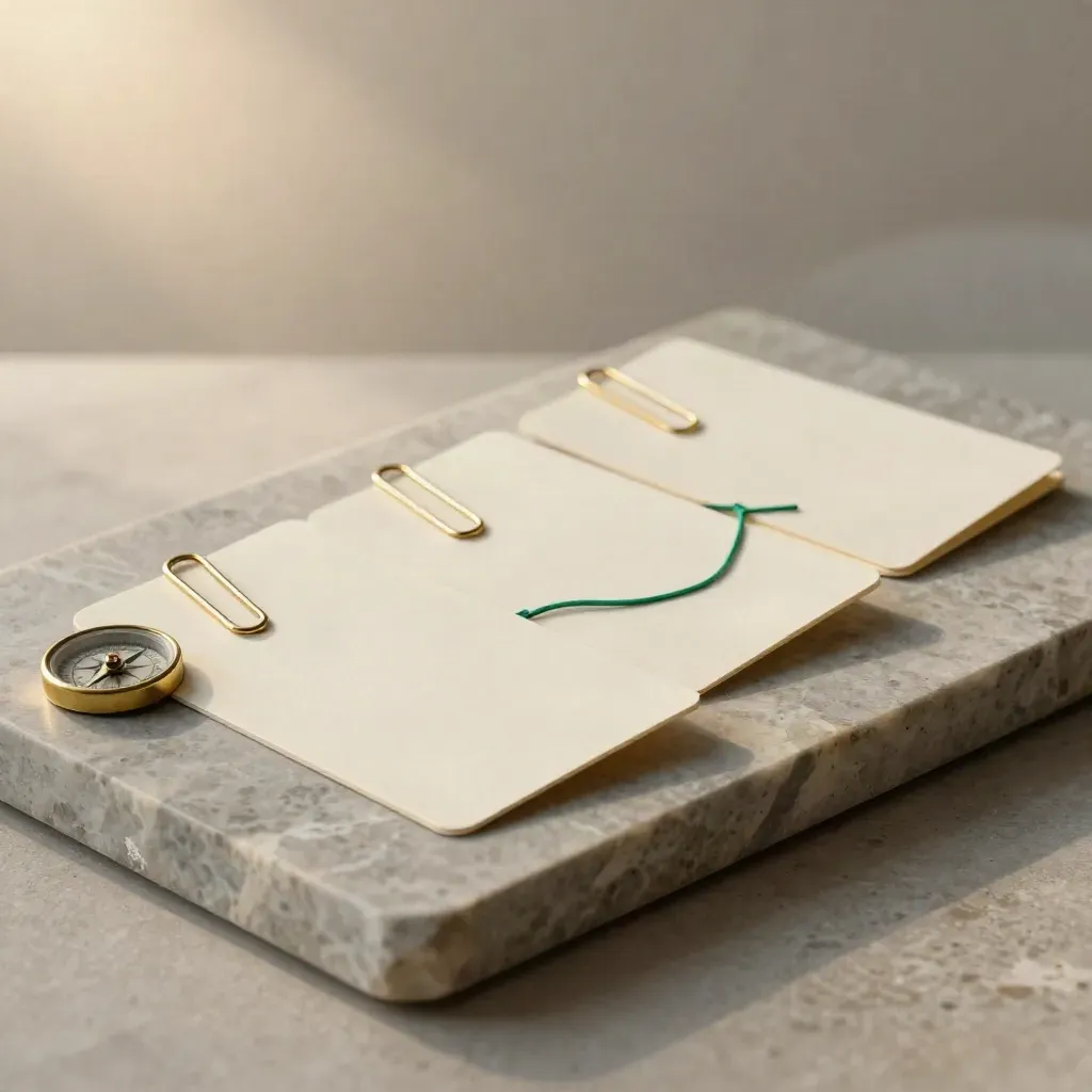 Cartões creme com clipes dourados e um token metálico sobre pedra clara, em composição minimalista.