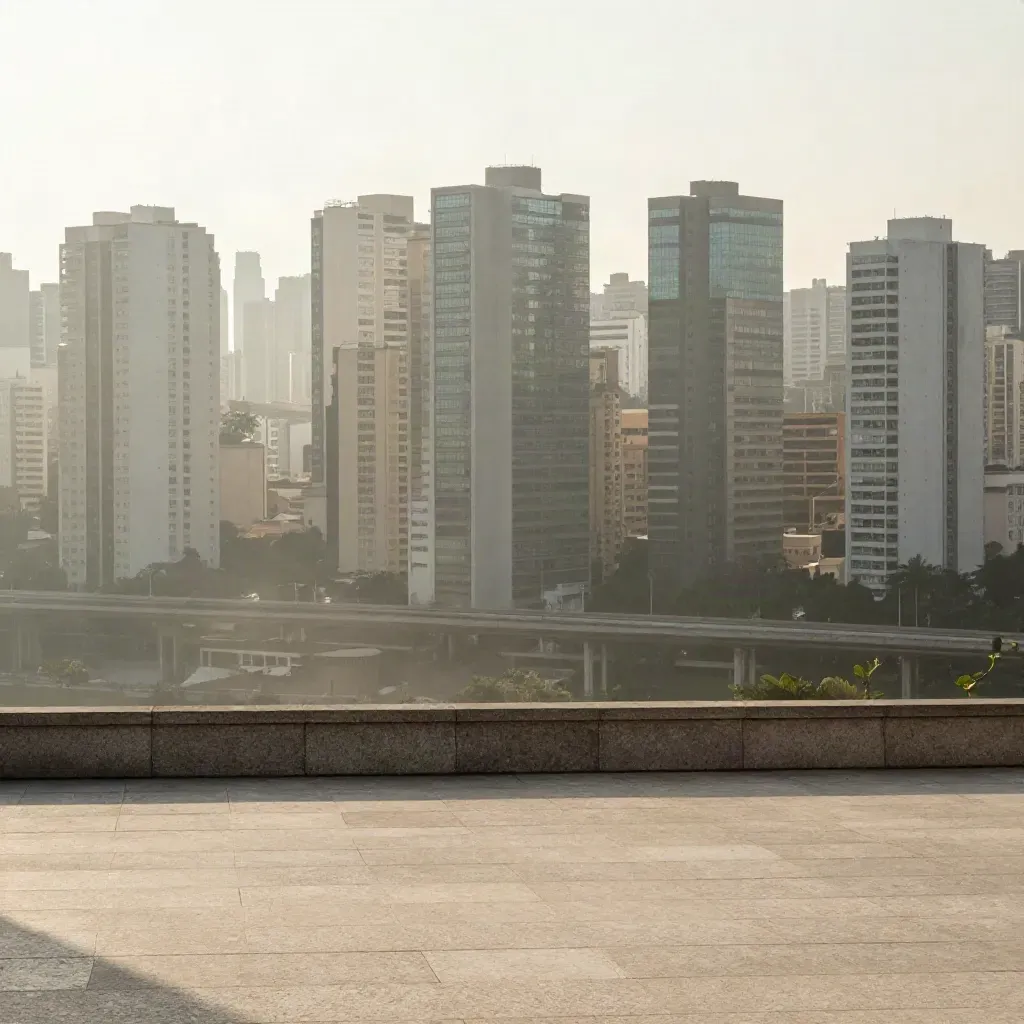 Vista aérea da Grande São Paulo com prédios e viadutos no alto e neblina calma abaixo.